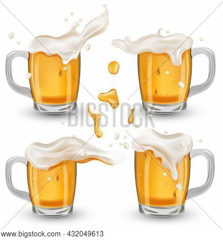 Four Various Full Glass Cup With Beer. Refreshing Mug Beer With Splashing Foam And Bubbles, Drops Be