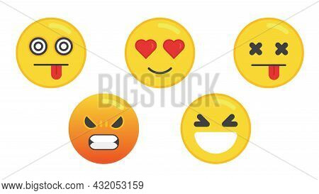 Set Of Five Emoticon. Flat Design Emoji Faces. Isolated Vector Illustration On White Background