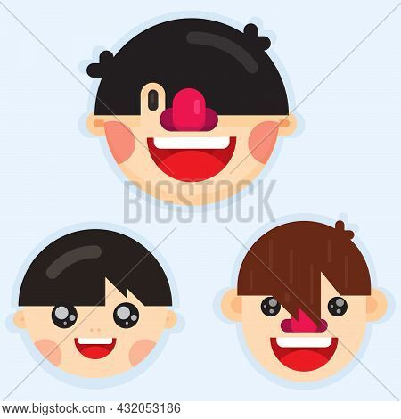 Set Of Three Cute Boy Faces With Different Hairstyle. Flat Style Vector Illustration.