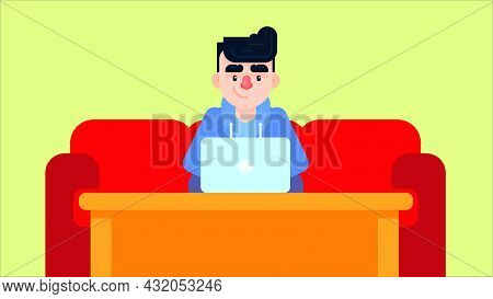 Young Man Sitting On Sofa In Room, Working Using Laptop. Freelance, Online Education Or Social Media