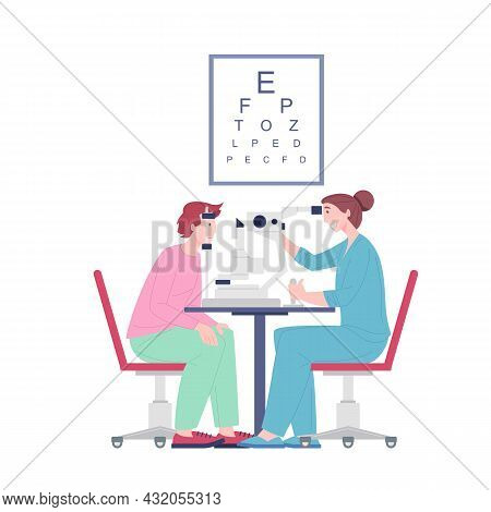 Ophthalmologist Doctor Examining Eyesight Vision Of Patient, Oculist Checkup Visual Acuity Man. Eyes