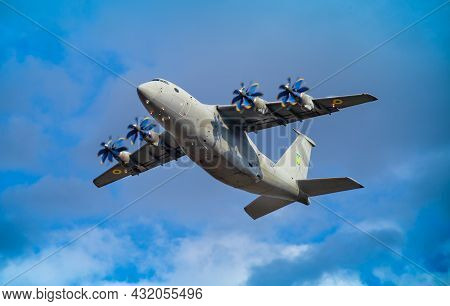 Ukraine, Kyiv - August 18, 2021: Antonov An-70 Military Cargo Plane. Large Ukrainian Four-propeller-