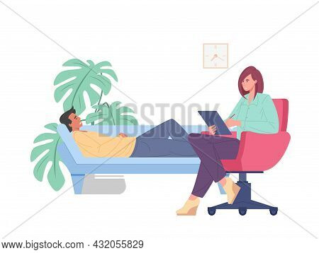 Female Psychoanalyst And Man Patient. Psychologist In Chair With Notebook Providing Psychological Ai