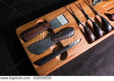 Exclusive Handmade Leather Craft Tools. Close Up Of Different Tanner Tools On Wooden Box. Set Of Dif