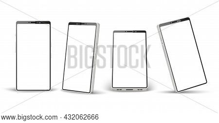 Realistic Phone White Mockup. Different Angles Perspective Telephone Template, 3d Mobile Device Mock