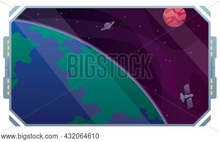 Conceptual Illustration With The Window Of A Space Station Or Spaceship Orbiting Around Planet Earth