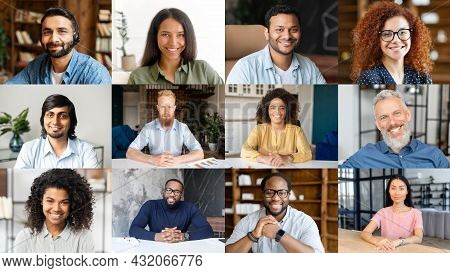 Crowded Video Screen With Diverse Multinational People On It. Video Meeting Online For Office Employ