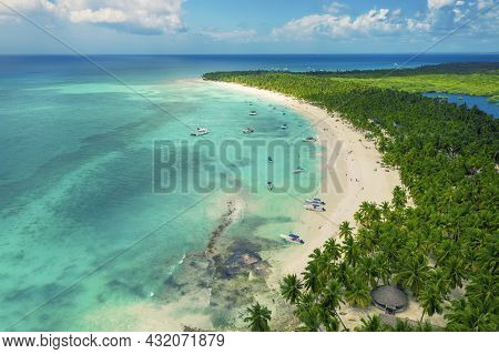 Beautiful Caribbean Beach On Saona Island, Dominican Republic. Aerial View Of Tropical Idyllic Summe