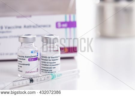 Thailand - Aug 27 , 2021 Close Up Of Astrazeneca Vaccine Vials Bottles For Stop Pandemic , Covid-19 