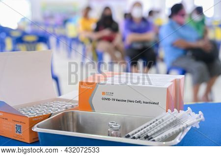 Thailand - Aug 27 , 2021 Close Up Of Sinovac Vaccine Vials Bottles For Stop Pandemic , Covid-19 Vacc