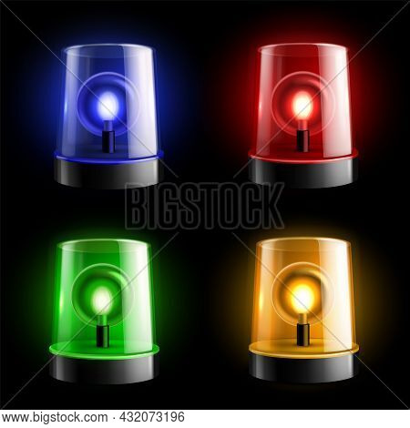 Alarm Sirens Realistic. Light Ambulance Flashing, Emergency Alert Lamps. Fire Department, Police And