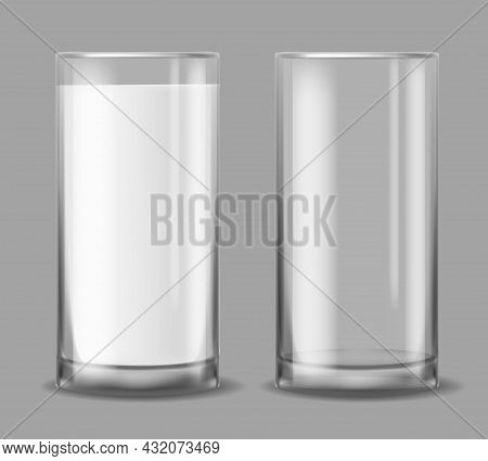 Empty And Full Milk Glass. Realistic Glasses With White Liquid. Cup With Yogurt Or Kefir, Morning Da