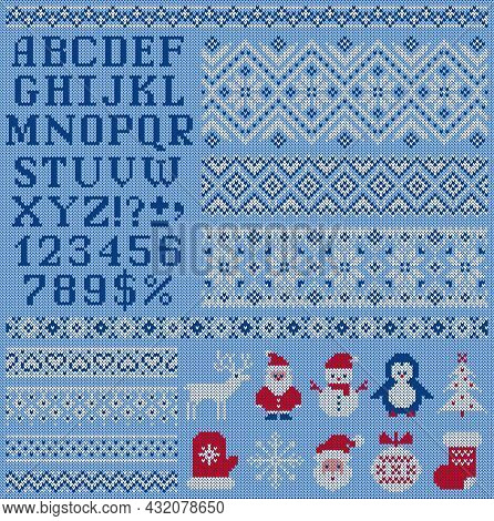 Knitted Sweater Patterns, Elements And Alphabet For Christmas, New Year Or Winter Design. Vector Set