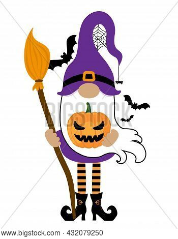 Adorable Halloween Gnome With Witch Hat And Broom - Gnome With Pumpkin Lantern. Nordic Magic Dwarf. 
