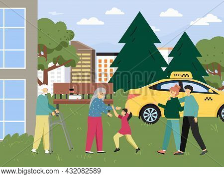 Happy Family Visiting Grandparents Living In Nursing Home, Assisted Living Community, Vector Illustr