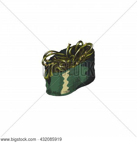 Colored Gunkan Or Yaki Sushi, Engraving Hand Drawn Vector Illustration Isolated.