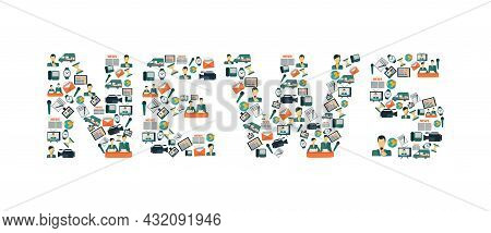 Media Broadcasting Report Promotion Telecast Technology Icons In News Lettering Shape Vector Illustr