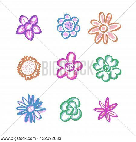 Hand Drawn Colorful Flowers In Different Colors And Styles.