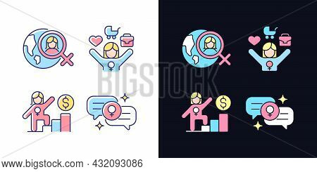 Mainstream Feminism Light And Dark Theme Rgb Color Icons Set. Women Rights Movement Across Globe. Wo
