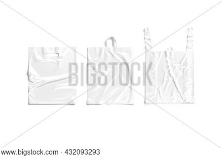 Blank White Plastic Bag Mockup Set, Top View, Different Types, 3d Rendering. Empty T-shirt, Loop Han