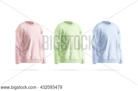 Blank Colored Women Sweatshirt Mockup Set, Side View, 3d Rendering. Empty Pink, Green And Blue Stree