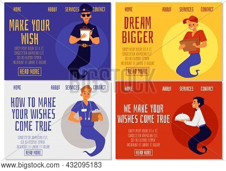 Service And Support With Helpers Genies, Cartoon Characters Grants Wishes.