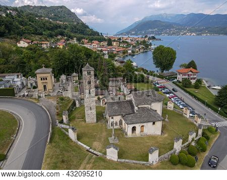 Drone View At Saint Filiberto Church At Pella On Lake Of Orta, Italy