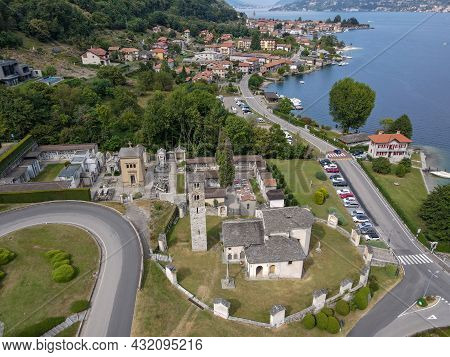 Drone View At Saint Filiberto Church At Pella On Lake Of Orta, Italy