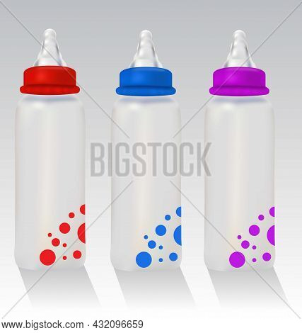 3 Realistic Red, Blue And Violet Feeding Bottles. Realistic Colorful Feeding Bottles