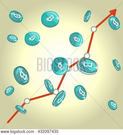 Bitcoin Coins With A Rising Chart On A Brow-yellow Background
