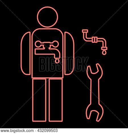 Neon Plumber Red Color Vector Illustration Flat Style Light Image