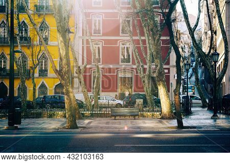 Lisbon, Portugal - Feb 8, 2018: Cos Fashion Store In Central Lisbon Iwth Beautiful Sunlight Over Av.