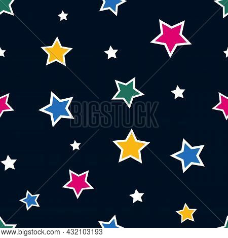 Abstract Seamless Pattern Tile With Bright Colorful Stars On Dark Blue Background Vector. Geometric 