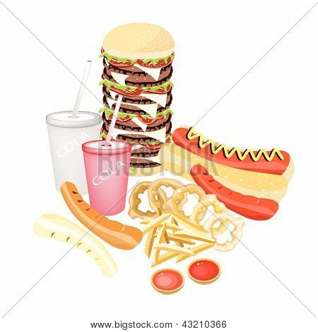 Conjunto de refrescantes bebidas gaseosas y comida rápida