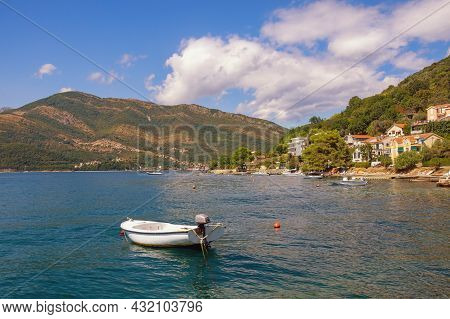 Beautiful Autumn Mediterranean Landscape. Montenegro, Tivat. View Of  Bay Of Kotor And Gonja Lastva 