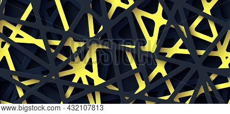 3d Realistic Backdrop With Cut Out Yellow And Black Color Stripes Entangled Web. Abstract Background