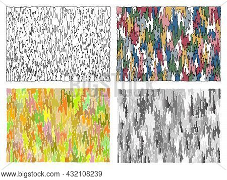 Wavy Fragments Of Different Shapes And Colors Make Up Patterns In Color, Grayscale And Black And Whi