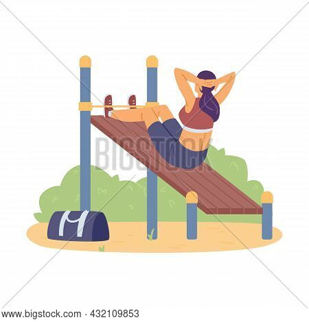 Woman Doing Sports On Equipment Outdoors, Flat Vector Illustration Isolated.