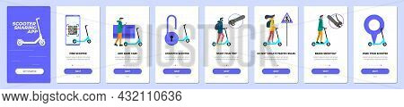 Electric Scooter Sharing Mobile App Onboarding Screen Set. Eco Transport Rental Service Instruction 