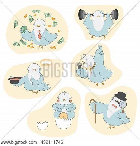 Cartoon Comedy Pigeons In Various Situations. The Pigeon Is A Rich Man, A Popstar, A Detective. He L
