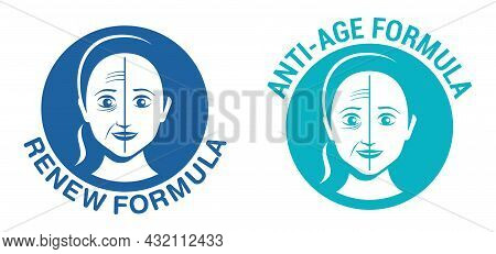 Skin Renew Formula Flat Icon - Stamp For Anti-age And Anti Wrickles Cosmetics Marking. Woman Face Be
