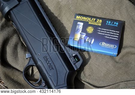 12 gauge caliber ammo with Monolit bullet (kinde of Blondeau Bullet) September 6,2021. Kiev Region, Ukraine