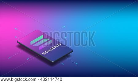 Solana Sol Symbol Logo On Realistic Isometric Mobile Phone With Copy Space For Presentation Of Ui, U