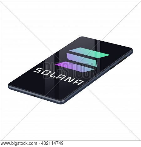 Solana Sol Symbol Logo On Realistic Mobile Phone Isolated On White. Vector Illustration.