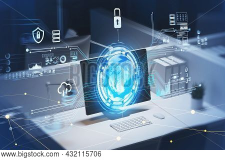 Office Workplace With Desktop, Desk, Keyboard In The Background. Digital Interface With Hologram And