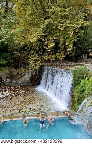Loutra, Aridea, Greece-october 13: The Tourists Swimming In Water From Hot Springs In Loutra, Aridea