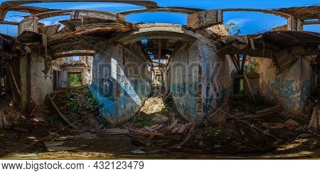 360 By 180 Degree Full Spherical Panorama Inside Of An Abandoned Half-destroyed Dormitory At Summer 
