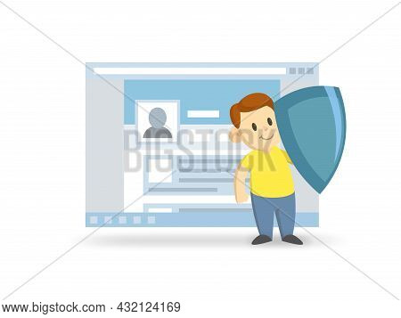 Internet Safety For Children. A Boy With A Shield On The Background Of A Browser Window With Profile