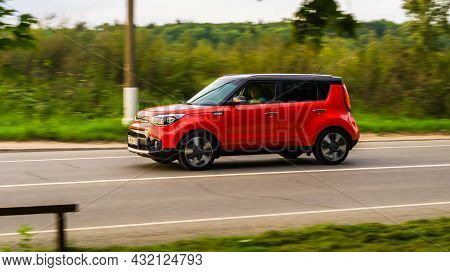 Moscow, Russia - August 2021: Kia Soul Second Generation Ps Rides On Country Road. Overspeed Out Of 
