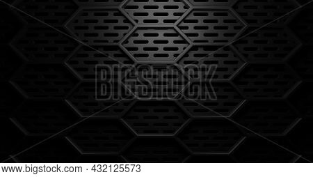Doubkle Layer Hexagon Honeycomb Black Round Rectangle Holes Grid Grill Background With Light From Ab